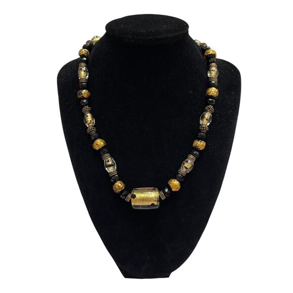 CHICO'S Women's GLASS BEADED NECKLACE Black Gold Tone 18" Long - Picture 1 of 4